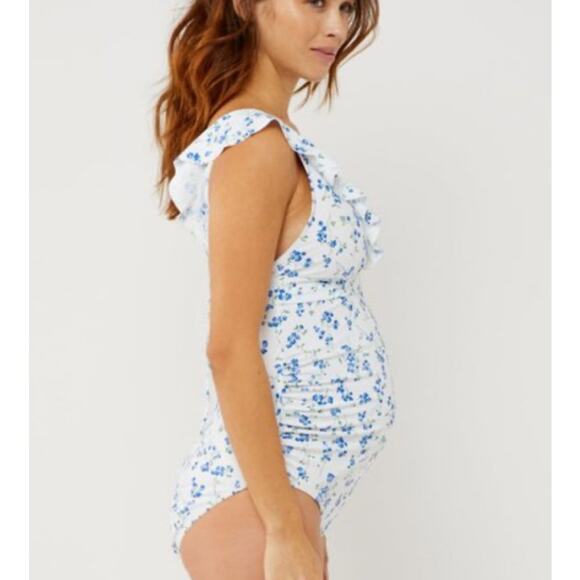 NWT A Pea in the Pod Ruffled Maternity Floral Swimsuit Dark Blue Size M - Picture 7 of 8